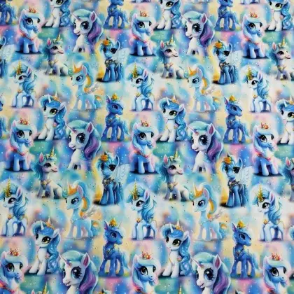 Zimní softshell s motivem modrého jednorožce na tmavém podkladu – hřejivá látka s fleecem vhodná na dětské oblečení Softshell Modrý jednorožec š.140 cm