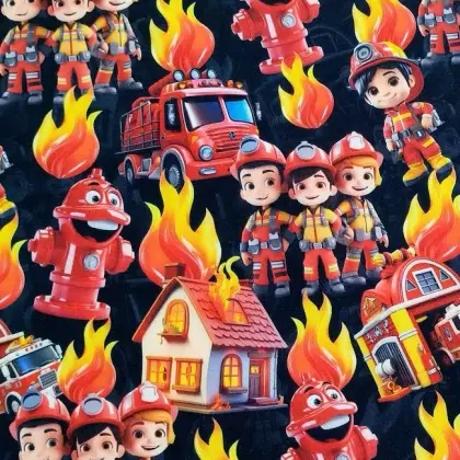 Detail zimního softshellu s motivem hasičů na černém podkladu, zateplený fleecem – vhodný pro dětské oblečení. Softshell zimní hasiči na černé s fleecem 145cm