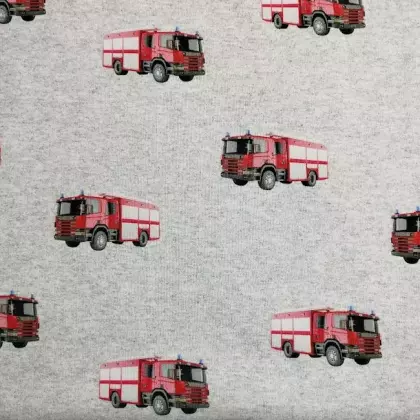 Teplákovina s počesem s motivem hasičského auta – hřejivá látka vhodná na dětské mikiny, tepláky a doplňky Teplákovina s počesem hasičské auto, š.150 cm