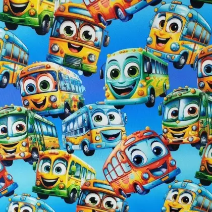 Zimní softshell s digitálním potiskem veselých aut na modrém podkladu, zateplený fleecem – ideální pro dětské oblečení do chladného počasí. Softshell zimní autíčka na modré s fleecem