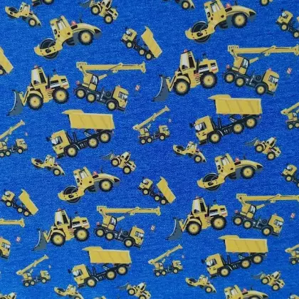 Zimní softshell s digitálním potiskem stavebních aut na modrém podkladu, zateplený fleecem – ideální pro dětské oblečení do chladného počasí Softshell stavební auta na modré, digi tisk zimní s fleecem