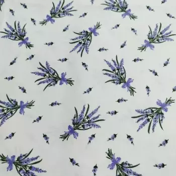Bavlněná látka Polo s potiskem levandule na bílé š.150cm