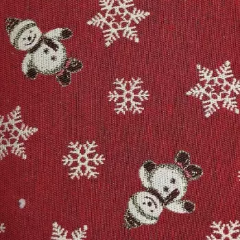 Vánoční gobelínová látka sněhulák na červené š.160 cm