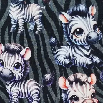 Teplákovina bez počesu potisk zebra na šedé š.150cm